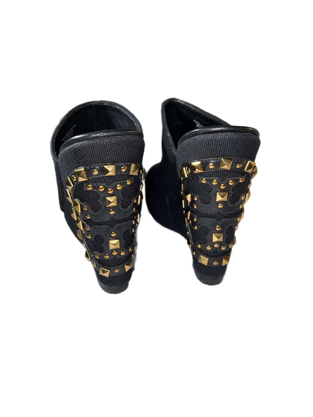 EUC Tory Burch Canvas Meredith Studded Peep-Toe Wedges  Black gold size 7